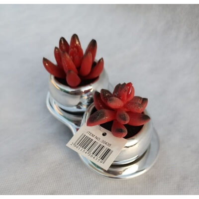 Искусственный цветок Суккуленты, 2 цветка, в серебристом горшке (30435)