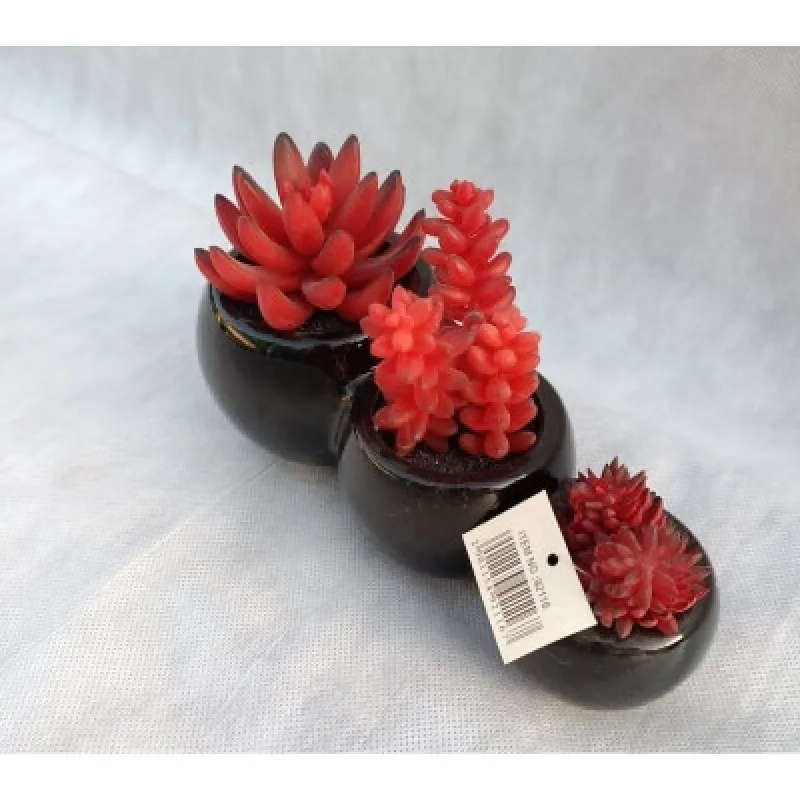 Искусственный цветок Суккуленты, 3 цветка, в черном горшке (92116)